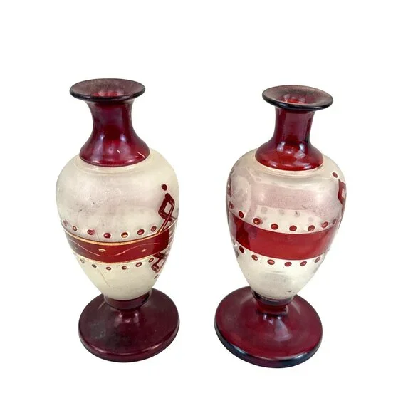 Antique Bohemian Ruby Glass Vases Pair Handblown Red Floral Design 7 Tall